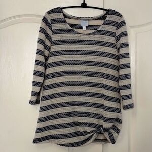 SUNDAY blouse top medium  blue cream stripe texture twist bottom elbow sleeve